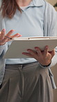 Clipboard, writing and hands of physiotherapist in clinic with medical documents for appointment. Woman, paperwork and healthcare worker with patient progress report for physical therapy in office.