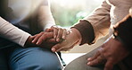 Nurse, holding hands and senior person with support, empathy and trust in nursing home for help. Healthcare worker, old woman and elderly care with kindness, caregiver and comfort with homecare