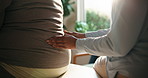 Hands, massage and patient with back pain for physiotherapy, assessment and stiffness for recovery. Physiotherapist, person and physio in office for checkup, muscle injury and rehabilitation progress