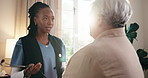 Healthcare, discussion and nurse in home with old person for insurance, results or wellness update. Stethoscope, flare and senior patient with caregiver for feedback, progress report or review