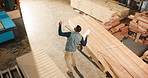 Dancing, man and woodworker with tablet in workshop with good news on artisan project order. Digital technology, fun and carpenter with groove for finished furniture manufacturing from above.