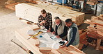 Blueprint, men and construction workers on site in meeting for property development together. Collaboration, floor plan and team of civil engineers in discussion with building, maintenance or repairs