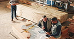 Above, carpentry and men in meeting with blueprint for planning, renovation design and construction. Talking, tablet and people with contractor for timber project, lumber production and woodworking