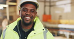 Happy, black man and face of carpenter in workshop with confidence for artisan project in career. Smile, professional and portrait of woodworker with pride for business about us in workplace.