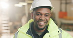 Smile, black man and face of carpenter in workshop with confidence for artisan project in career. Happy, professional and portrait of woodworker with pride for business about us in workplace.