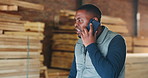 Carpenter, phone call and man with stress, angry and mistake for delay with timber production. Carpentry, frustrated and African person on cellphone for communication, contact and schedule problem