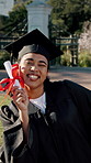 Excited, graduation and woman with diploma for celebration, education goal and milestone. Graduate, smile and person with certificate at university campus, academic excellence and achievement outdoor