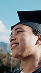 Future, graduation and vision with woman outdoor for ceremony at college or university. Knowledge, milestone and scholarship with graduate thinking at event for higher education or school success