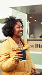 Laugh, coffee or black woman at food truck with chat, funny conversation or happy moment in discussion. Smile, gossip or person at market with beverage, joke reaction or humor connection with hangout