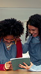 Women, barista and tablet with laugh for success, social media and food truck cafe teamwork. People, tech and waiter for customer service, partnership or mobile coffee shop review for funny joke