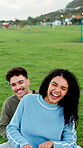 Face, fun and laughing with couple on seesaw in park for holiday, vacation or weekend. Happy, portrait and pov with person at outdoor playground in nature for date with energy, excitement or wellness