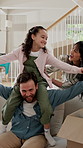 Dad, carry or shoulder with child in home for moving in, relocation or celebration together. Father, mom and playing with daughter, flying or box for new property, security or protection in house