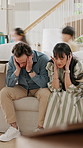 New home, tired and parents with naughty kids, running and motion blur with timelapse. Frustrated mother, father and children in property, relocation chaos and exhausted with stress in family house