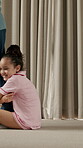 Walking, hang and child on leg of father in home for safety, attachment or weekend connection. Happy, family and girl kid clinging to dad for security, separation anxiety or bonding in house.