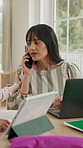 Distraction, phone call and remote work mother with daughter in home for multitasking. Attention, demand and mobile communication with single parent woman speaking to kid in apartment for hold on