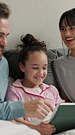 Bedroom, tablet and parents laugh with kid for bonding together, play game and online entertainment. Tech, mother and father with girl on bed for funny meme, humor and relax with happy family