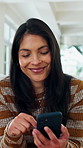 Woman, scroll and smile in home with phone, check online dating profile and text message notification. Happy, person and typing in living room with tech, digital communication and social media post.