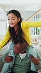 Flying, fun and girl on shoulders of dad in home living room for bonding, connection or security. Balance, fantasy game or flight with African family on sofa in apartment together for development