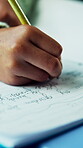 Hands, writing and child with homework in house for education, learning or practicing cursive. Book, student and kid studying for english subject with assignment, assessment or task in apartment.