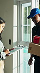 Logistics, people or delivery man at house with signature, box handover or receipt in dispatch service. Happy, customer or courier with document, shipment details or confirmation in parcel drop off.