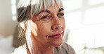 Calm, senior woman and daydream on break, nostalgia and remember past memory or contemplating choice. Retirement, decision and old person with smile for thoughts, reflection and thinking on weekend