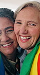 Face, moment and smile with lesbian couple in home together of affection, commitment or connection. Love, lgbt relationship and morning with happy senior women in apartment for security or trust