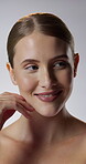 Beauty, face and thinking with happy woman in studio for cosmetics, dermatology or hydration. Aesthetic, ideas and smile with person on white background for facial grooming, skincare or wellness