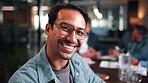 Happy, creative and man in meeting with face, career pride or about us for copywriting internship. Portrait, male person and laughing in office with team, morning briefing and news reporter at agency