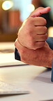 Hand, wrist pain and computer with business man in office for fibromyalgia, typing fatigue and injury. Rheumatoid arthritis, pressure and carpal tunnel with employee for overworked and strain