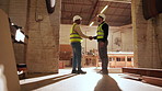Carpentry, greeting or people in warehouse with handshake, hello or negotiation in woodworking. Welcome, flare or artisans with shaking hands, team introduction or partnership deal in timber workshop