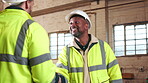 Carpentry, greeting or people in factory with handshake, hello or deal success in timber warehouse. Happy, opportunity or artisans with shaking hands, team introduction or partnership in woodworking.