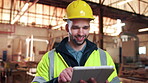 Carpentry, production and tablet with happy man in factory for agenda, project or schedule update. App, industry and smile with person in woodworking warehouse for furniture or manufacturing business