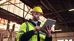 Carpentry, production and tablet with man in factory for agenda, project or schedule update. App, industrial and manufacturing with person in woodwork warehouse for management of furniture business
