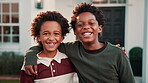 Real estate, face or happy boys hug in front yard for property purchase, family milestone or pride. New house, black kids or laugh with embrace outdoor for relocation, security or mortgage investment