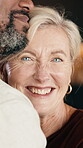 Love, woman or interracial couple in house with face, partner care or bonding together in marriage. Smile, loyalty or mature people with hug, romantic moment or commitment in happy relationship.