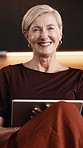 Face, woman and remote work in house with tablet, smile and creative inspiration for writing ebook. Happy, mature person and freelance writer in living room with tech, research and plan online story.