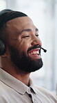 Call center, agent and man with headset, laughing and communication with contact for lead generation. Telemarketing, consultant and happy person with mic, coworking and funny conversation in business