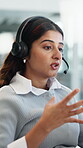 Telemarketing, talk and agent with headset in call center for policy pitch, benefits and coverage. Lead generation, woman and contact outbound client for insurance cover, explain terms and consulting