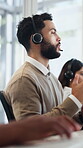 Agent, man or consulting on headset in call center for debt review, customer service or loan advice. Coworking, finance consultant or talk to inbound client for insurance claim, explain policy or CRM
