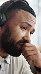 Agent, man or stress with headset in callcenter for helpdesk overload, high call volume or headache. Cowoking, support consultant or mic with migraine for hotline queue, ticket backlog or overwhelmed
