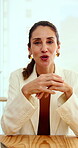 Face, woman and happy on video call in office for job interview, company policy and screening. HR, mature person and virtual meeting with smile for headhunting, talent acquisition and explain perks