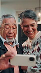 New home, happy or senior couple with selfie for status update, property ownership or memory. Retirement, support or people with photo in front yard for online post, mortgage investment or empty nest