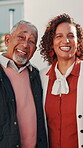 Outdoor, face and woman with senior dad at home for weekend visit, bonding together and relationship. Love, daughter or elderly father in front yard for retirement support, connection or happy family