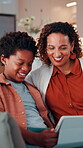 Mother, child and laugh with tablet in home for funny video, comic online post or bonding together. African family, mom or boy with app on sofa for social media meme, internet joke or weekend break