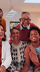 Happy, face and big family with generation in home for bonding, weekend or summer break together. Portrait, grandparents, parents and children laughing with smile for fun holiday or love in house