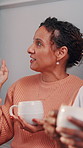 Couple, discussion and talking with coffee in home for interior design, improvement or change. Woman, man and conversation with drink or beverage for renovation ideas, chat or planning in house