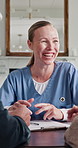 Documents, healthcare and nurse laughing with old couple for insurance or sign up success. Clipboard, funny and paperwork with caregiver speaking to senior people for advice or medical consulting