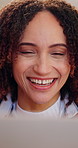 Happy, woman and reading in office with laptop, good news or approval for AI advertising campaign. African person, smile and browse in business with computer, plan or innovation for digital marketing