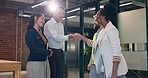 Architect, team and handshake with smile in office, greeting and agreement for construction project. Civil engineer, happy people and shaking hands with colleagues, flare or collaboration in business