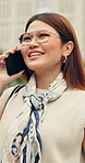 Phone call, smile and businesswoman in city with communication, negotiation or finance agreement. Happy, commuting and Asian financial manager on mobile discussion for investment contact in town.